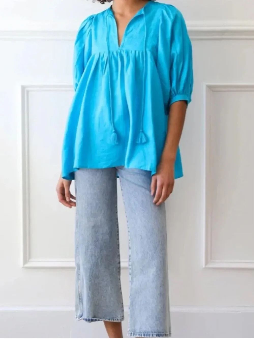 Mille | Women’s Teal Blue Linen Thalia V-Neck Tassel Tie Puff Sleeve Peasant Top